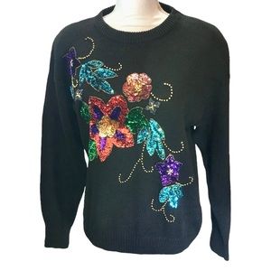 SARIT Vintage Colorful Floral Sequin Sweater Sz M